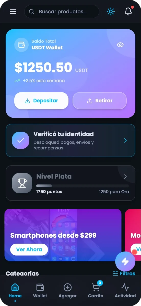 Pantalla de inicio de la app pium! con el saldo en USDT, la verificación de identidad y el nivel de lealtad.